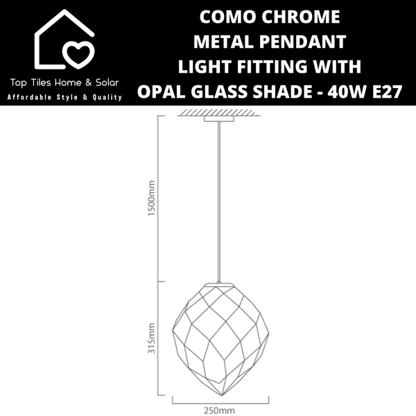 Como Chrome Metal Pendant Light Fitting with Opal Glass Shade - 40W E27