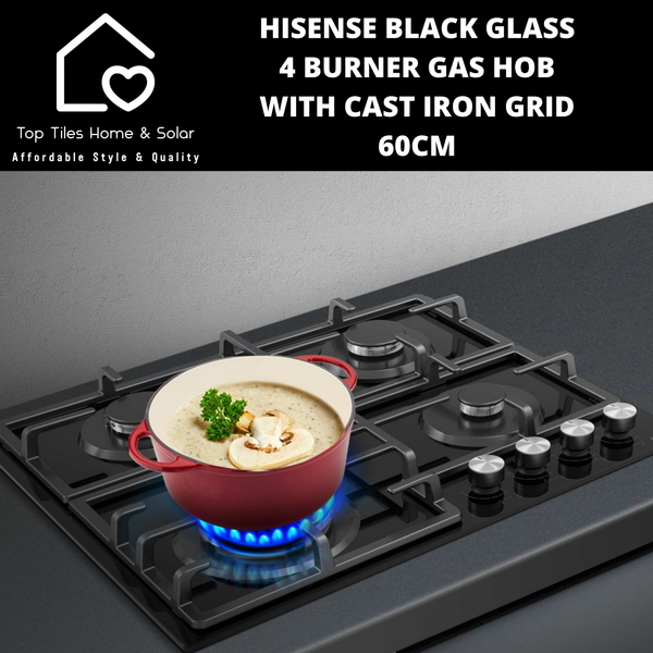 Hisense Black Glass 4 Burner Gas Hob with Cast Iron Grid - 60cm