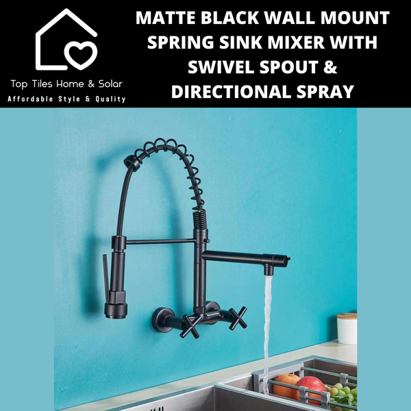 Matte Black Wall Mount Spring Sink Mixer with Swivel Spout & Directional Spray