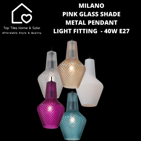 Milano Pink Glass Shade Metal Pendant Light Fitting  - 40W E27 Small
