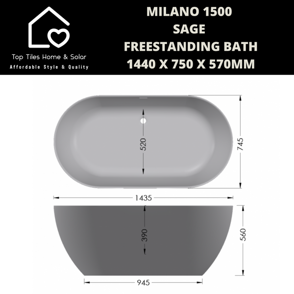 Milano 1500 Sage Freestanding Bath - 1440 x 750 x 570mm