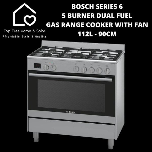 Bosch Series 6 - 5 Burner Dual Fuel Gas Range Cooker with Fan 112L - 90cm