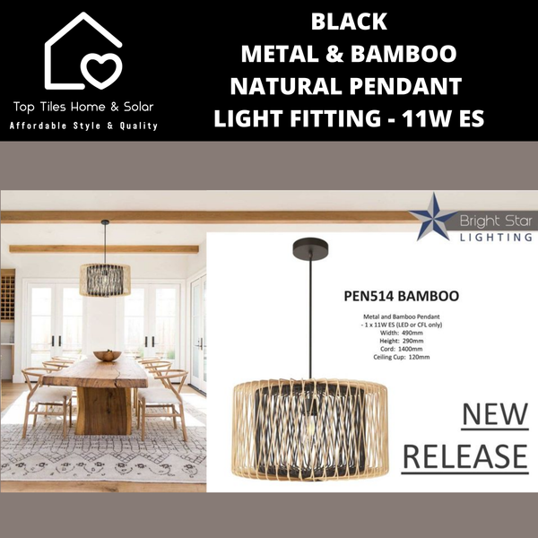 Black Metal & Bamboo Natural Pendant Light Fitting - 11W ES