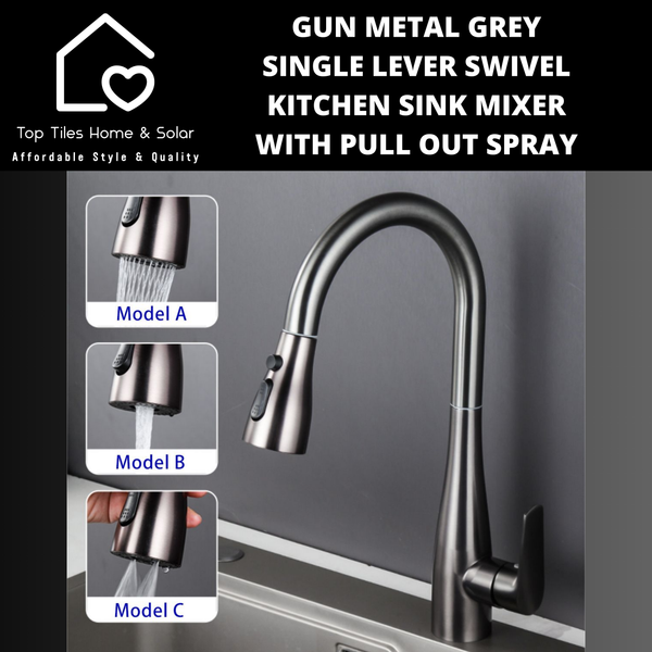 Gun Metal Grey Single Lever Swivel Kitchen Sink Mixer with Pull Out Spray