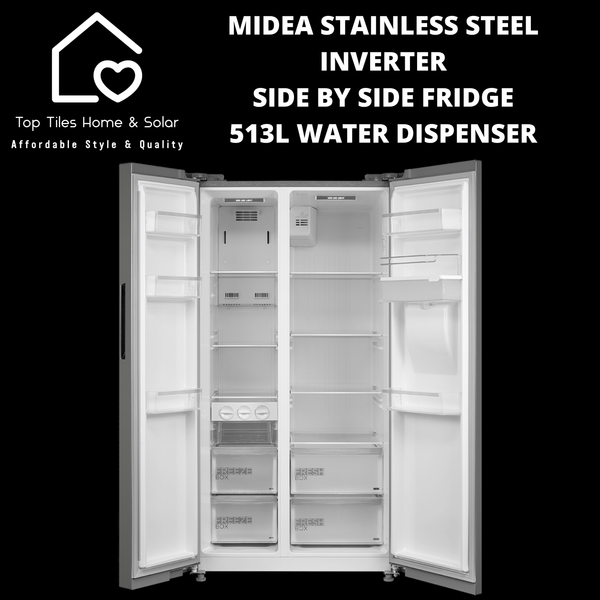Midea Stainless Steel Inverter Side by Side Fridge - 513L Water Dispenser