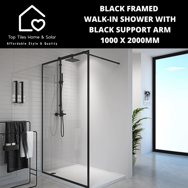 Black Framed Walk-in Shower with Black Support Arm - 1000 x 2000mm