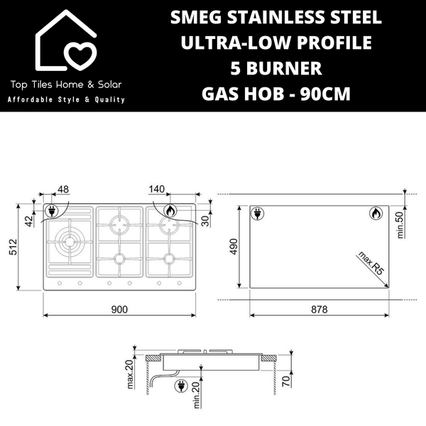 Smeg Stainless Steel Ultra-Low Profile 5 Burner Gas Hob - 90cm