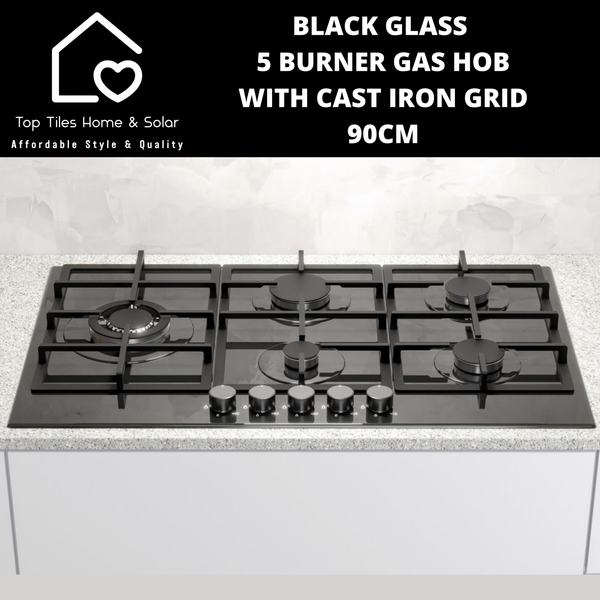 Black Glass 5 Burner Gas Hob with Cast Iron Grid - 90cm
