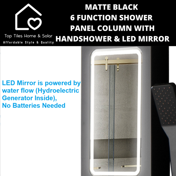 Matte Black 6 Function Shower Panel Column with Handshower & LED Mirror