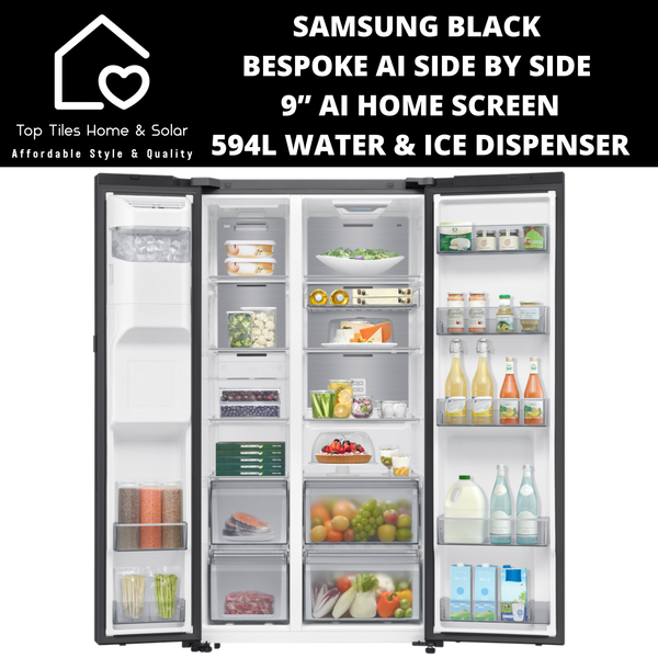 Samsung Black BESPOKE AI Side by Side 9” AI Home Screen - 594L Water & Ice Dispenser
