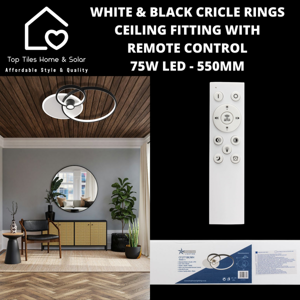 White & Black Cricle Rings Ceiling Fitting with Remote Control - 75W LED - 550mm