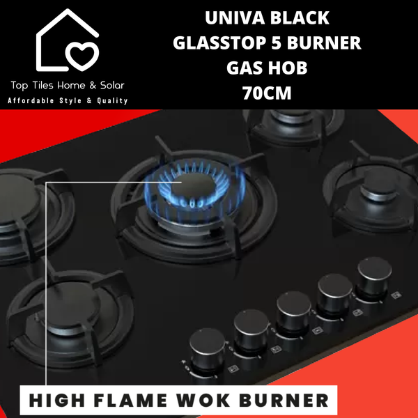 Univa Black Glasstop 5 Burner Gas Hob - 70cm