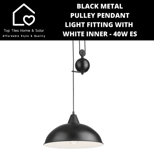 Black Metal Pulley Pendant Light Fitting with White Inner - 40W ES
