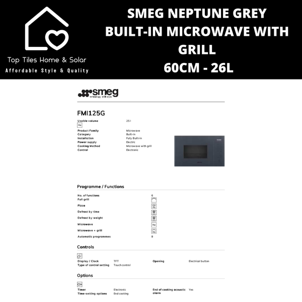Smeg Neptune Grey Glass Built-in Microwave with Grill - 60cm - 26L