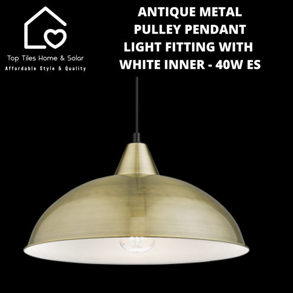 Antique Metal Pulley Pendant Light Fitting with White Inner - 40W ES