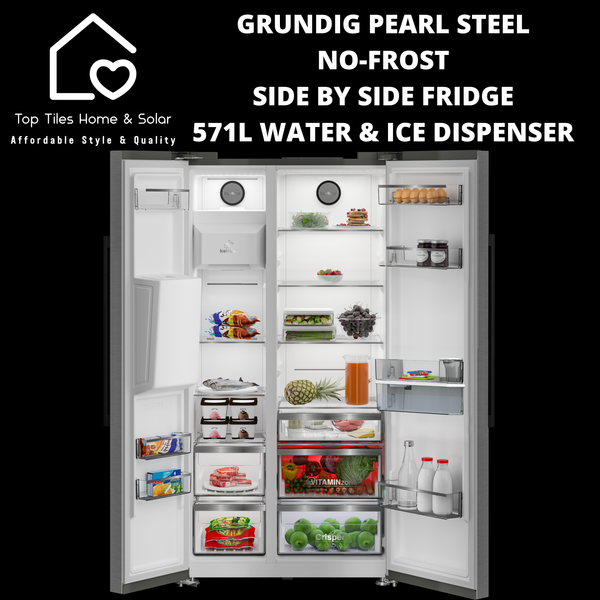 Grundig Pearl Steel No-Frost Side by Side Fridge - 571L Water & Ice Dispenser