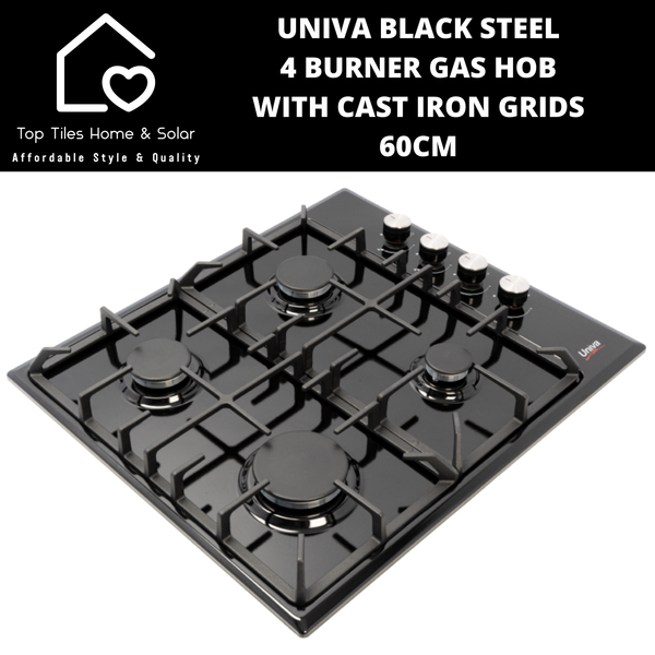 Univa Black Steel 4 Burner Gas Hob with Cast Iron Grids - 60cm