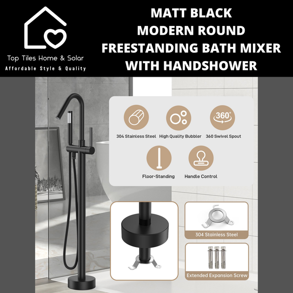 Matt Black Modern Round Freestanding Bath Mixer With Handshower