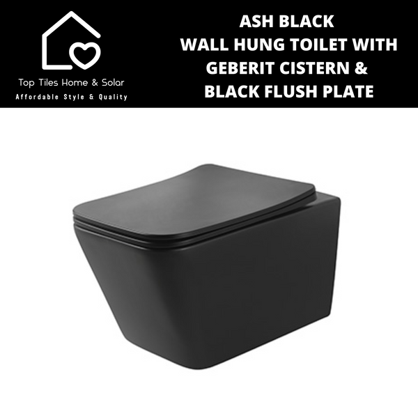 Ash Black Wall Hung Toilet with Geberit Cistern & Black Flush Plate