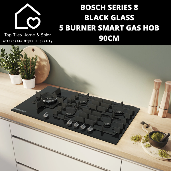 Bosch Series 8 - Black Glass 5 Burner Smart Gas Hob - 90cm