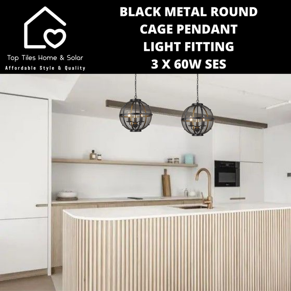 Black Metal Round Cage Pendant Light Fitting - 3 x 60W SES