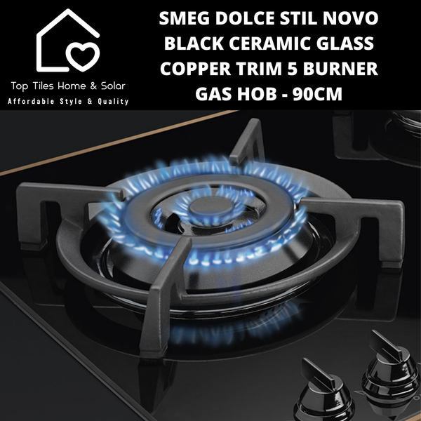 Smeg Dolce Stil Novo Black Ceramic Glass Copper Trim 5 Burner Gas Hob - 90cm
