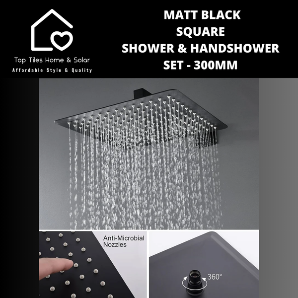 Matt Black Square Shower & Handshower Set - 300mm