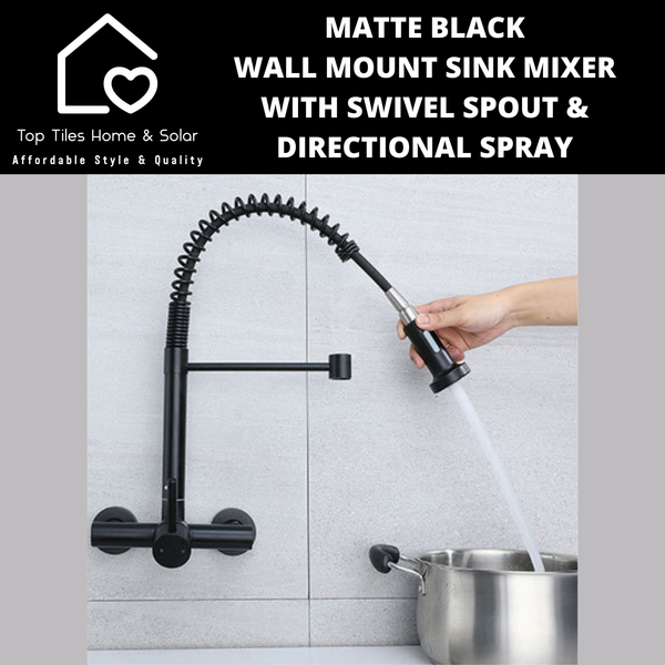 Matte Black Wall Mount Sink Mixer with Swivel Spout & Directional Spray
