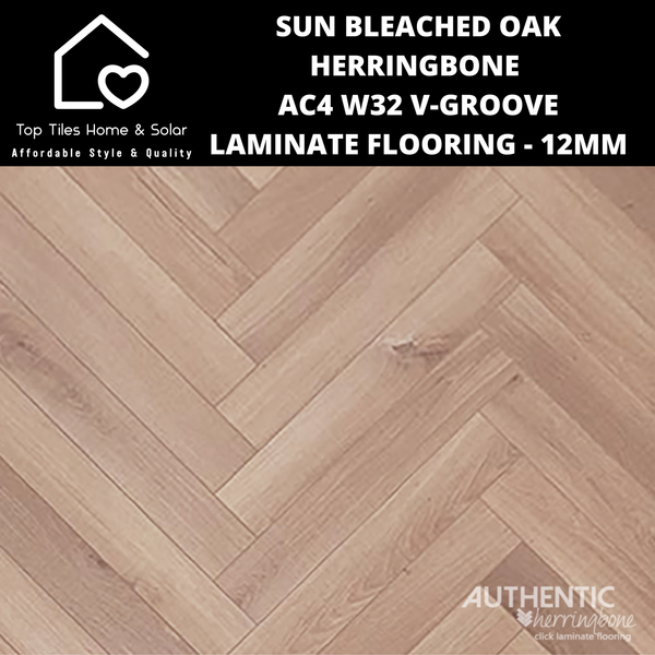 Sun Bleached Oak Herringbone AC4 W32 V-Groove Laminate Flooring - 12mm