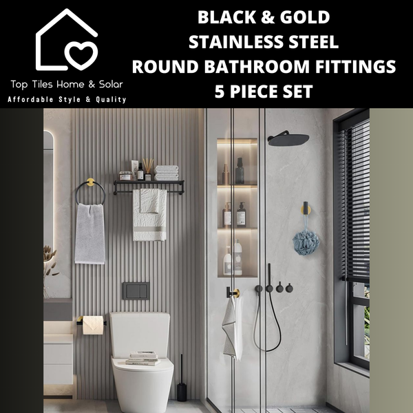 Black & Gold Stainless Steel Round Bathroom Fittings - 5 Piece Set