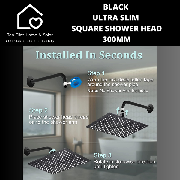 Black Ultra Slim Square Shower Head - 300mm
