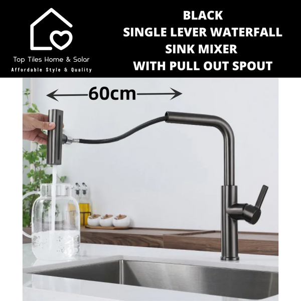 Black Single Lever Waterfall Sink Mixer With Pull Out Spout