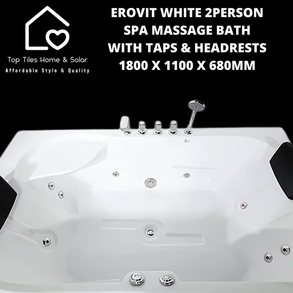 Erovit White Spa 2Person Massage Bath with Taps & Headrests - 1800 x 1100 x 680mm