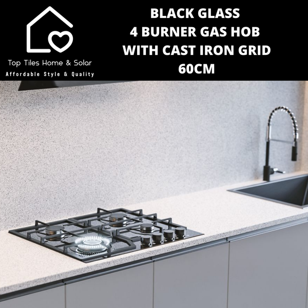 Black Glass 4 Burner Gas Hob with Cast Iron Grid - 60cm