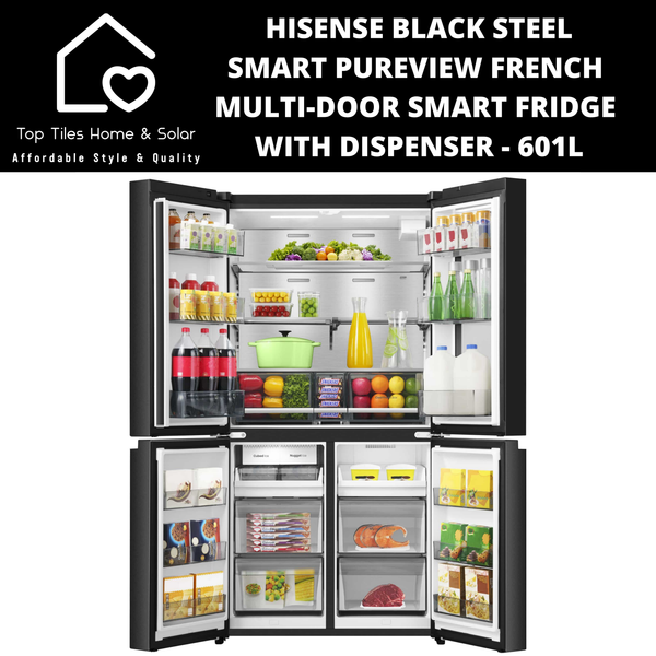 Hisense Premium Black Steel PureView French Multi-Door Smart Fridge with Dispenser - 601L