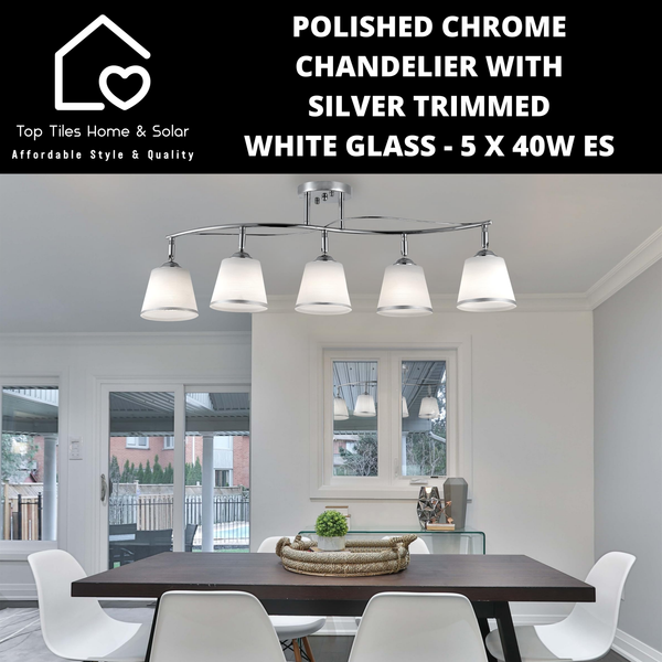 Polished Chrome Chandelier with Silver Trimmed White Glass - 5 x 40W ES