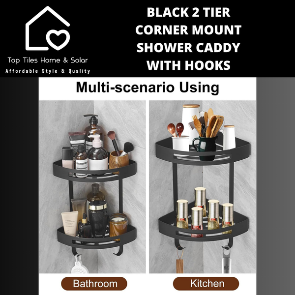 Black 2 Tier Corner Mount Shower Caddy with Hooks