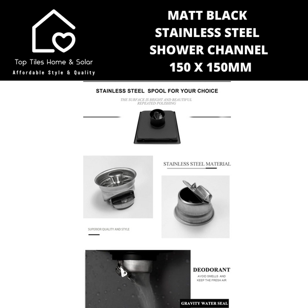Matt Black Stainless Steel Shower Channel - 150 x 150mm