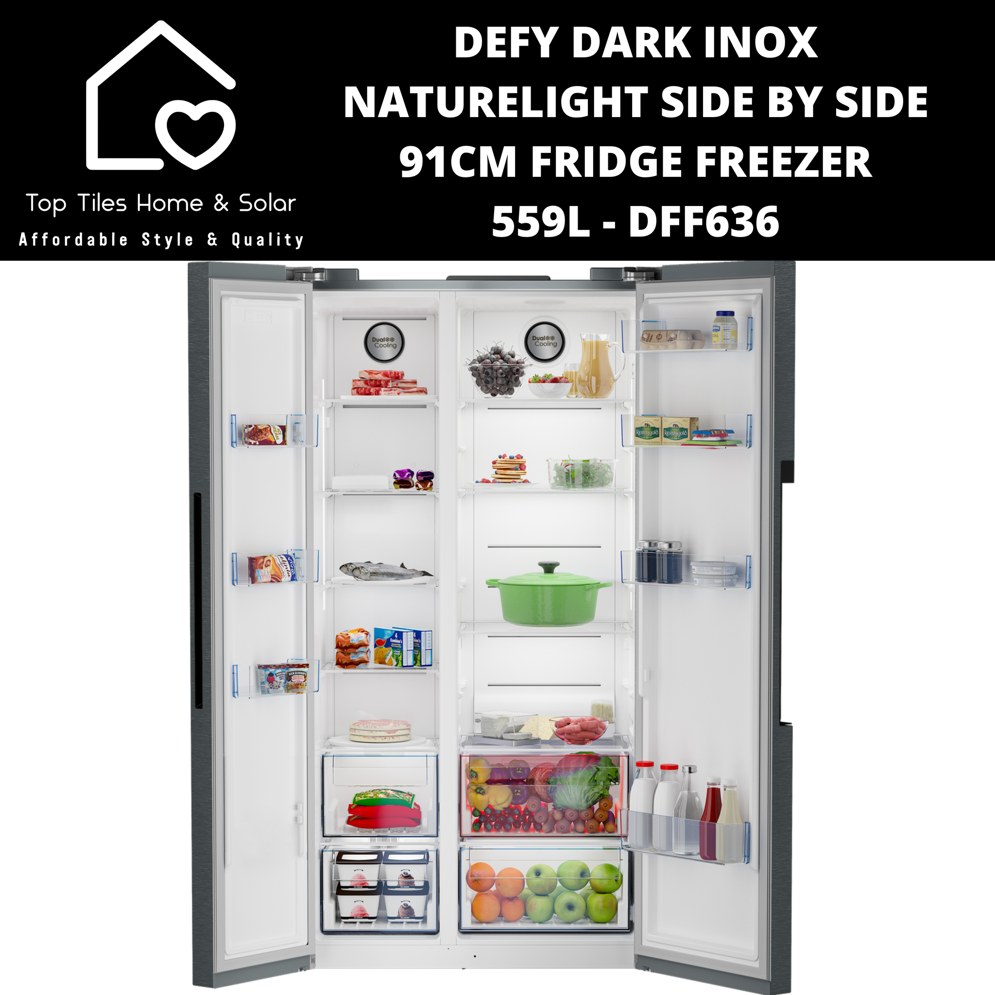 Defy Dark Inox NatureLight Side by Side 91cm Fridge Freezer - 559L