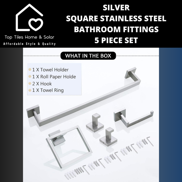 Silver Square Stainless Steel Bathroom Fittings - 5 Piece Set