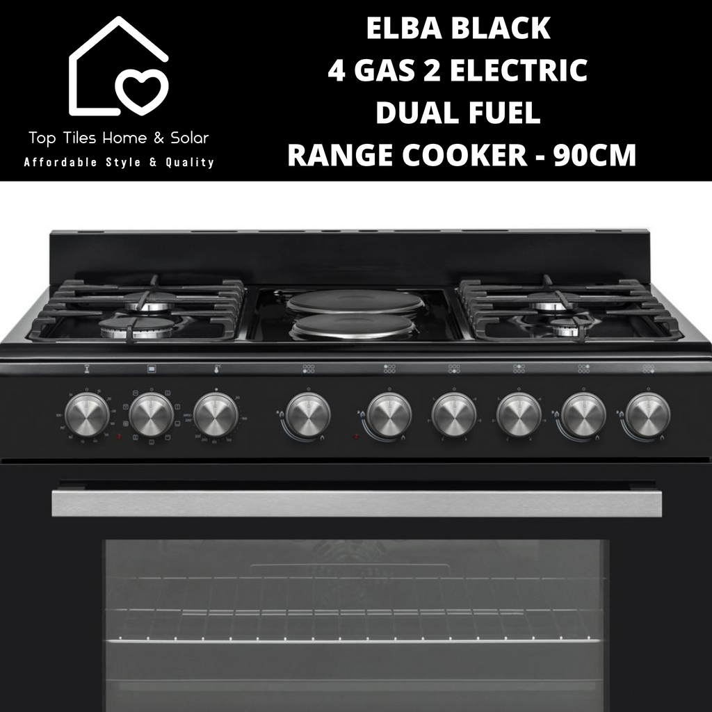 Elba Black 4 Gas 2 Electric Dual Fuel Range Cooker 90CM Top