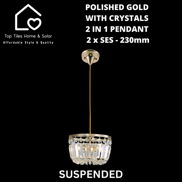 Polished Gold with Crystals 2 in 1 Pendant - 2 x SES - 230mm