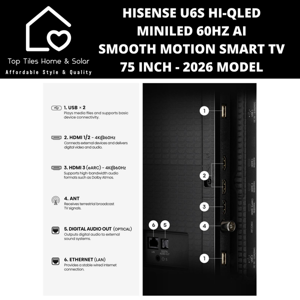 Hisense U6S Hi-QLED MiniLED 60Hz AI Smooth Motion Smart TV - 75 Inch 2026