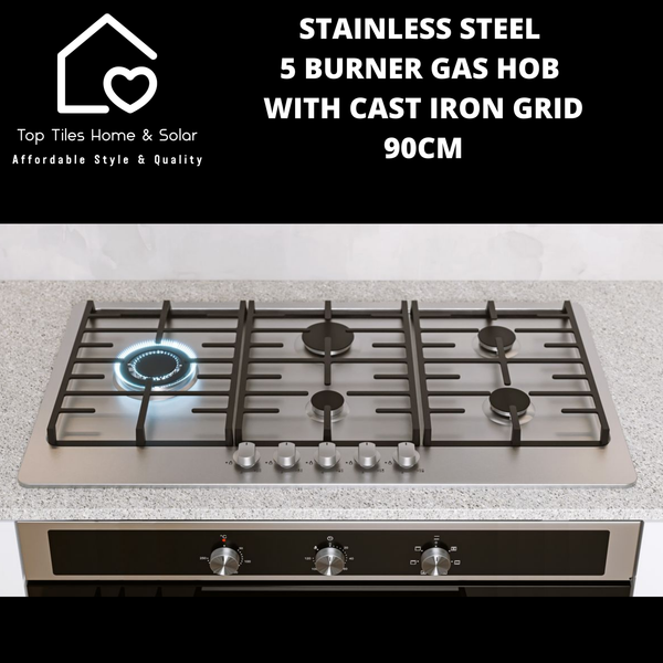 Stainless Steel 5 Burner Gas Hob with Cast Iron Grid - 90cm