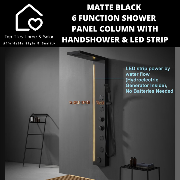 Matte Black 6 Function Shower Panel Column with Handshower & LED Strip
