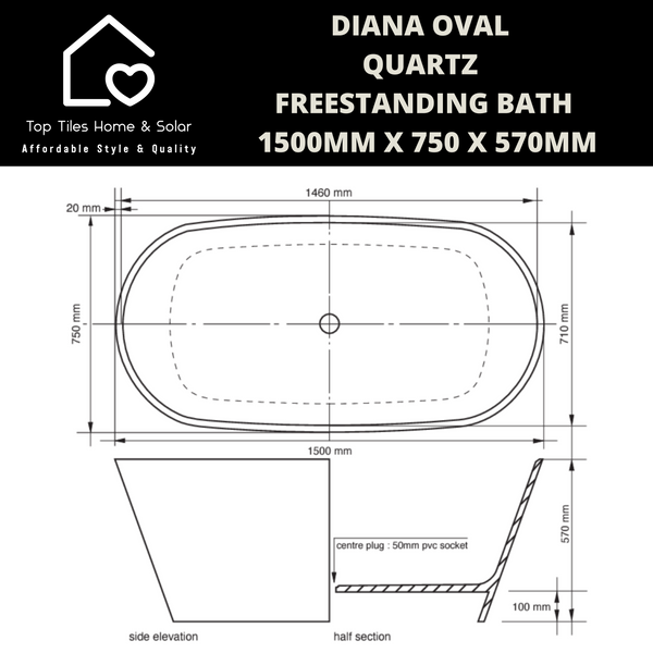 Diana Oval Quartz Freestanding Bath - 1500mm x 750 x 570mm