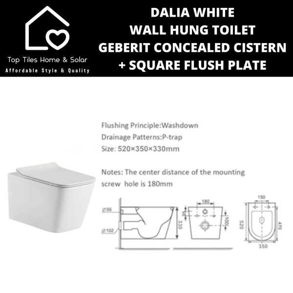 Dalia White Wall Hung Toilet With Geberit Concealed Cistern & Square Flush Plate