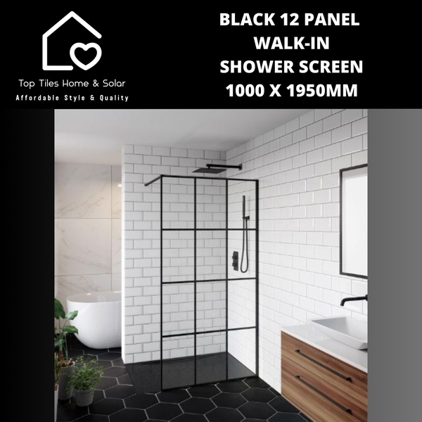 Black 12 Panel Walk-in Shower Screen - 1000 x 1950mm