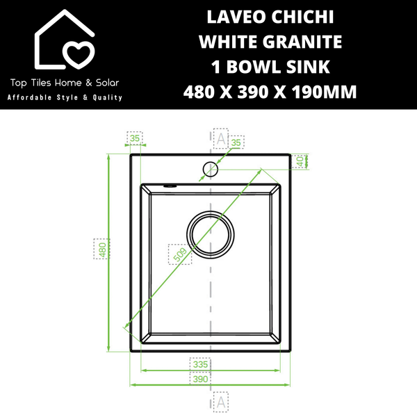 Laveo Chichi White Granite 1 Bowl Sink - 480 x 390 x 190mm