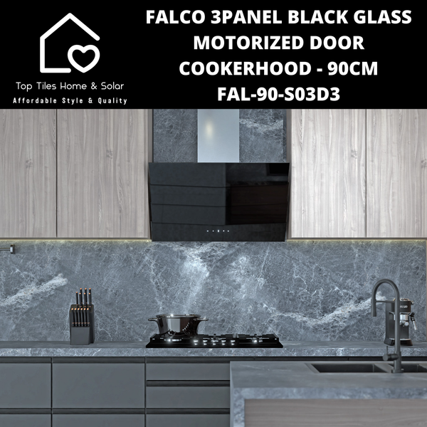 Falco 3Panel Black Glass Motorized Door Cookerhood - 90cm FAL-90-S03D3